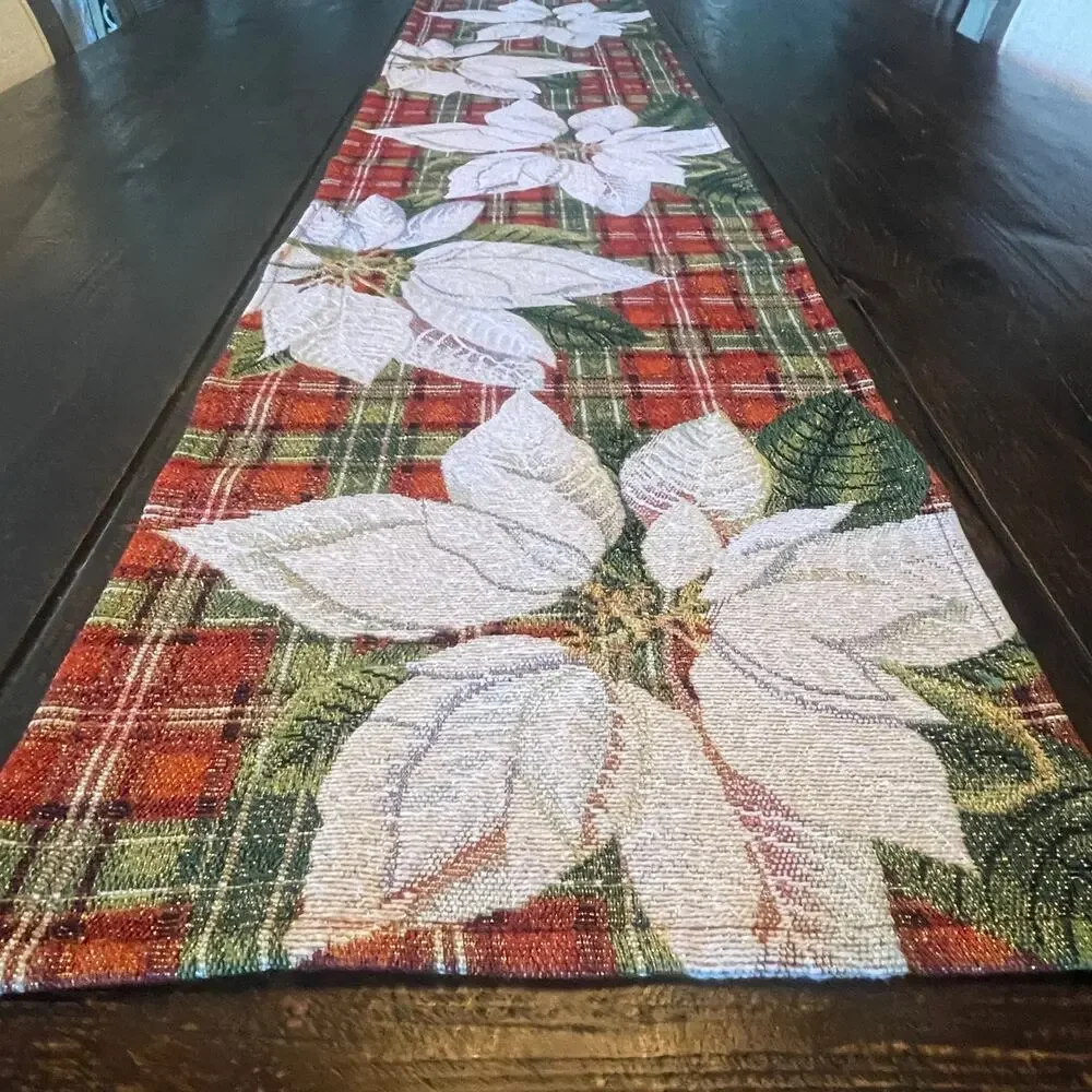Christmas Plaid Poinsettia Tapestry Table Runner 13x70 Red Cream Green NWT